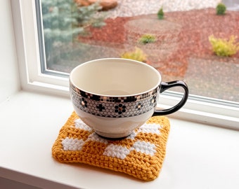 Posavasos de crochet a cuadros amarillos: decoración moderna de doble cara
