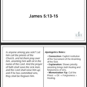 May include: A white background with the text "James 5:13-15" in black. Below, text from the Bible verse is displayed, along with apologetics notes. The text is in a clear, easy-to-read font, suitable for religious study and reflection.