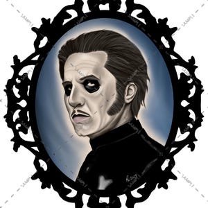 May include: Oval portrait of a man in black attire, framed by a black ornate border. The man has pale skin, dark eye makeup, and a stern expression. The background is a gradient of blue.