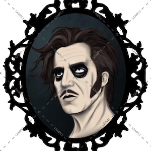 May include: A black and white portrait of a man with dark hair and a mustache, wearing black eye makeup. The portrait is framed in a black ornate frame.