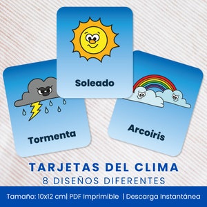 Cartões de ensino infantil, aprender vocabulário espanhol, cartões meteorológicos, atividades educativas, cartões para crianças pré-escolares