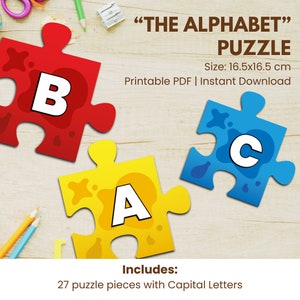 Puede incluir: Un rompecabezas de alfabeto imprimible con 27 piezas que presentan letras mayúsculas. Las piezas del rompecabezas tienen forma de piezas de rompecabezas y son de color rojo, amarillo y azul. El rompecabezas mide 16,5 cm por 16,5 cm.