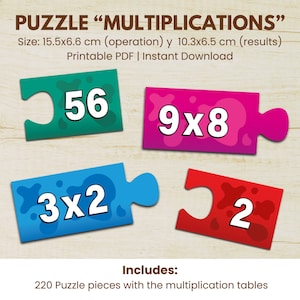 May include: A printable puzzle for children featuring colourful puzzle pieces with multiplication problems and answers. The puzzle includes 220 pieces and measures 15.5 cm by 6.6 cm for the problems and 10.3 cm by 6.5 cm for the answers.