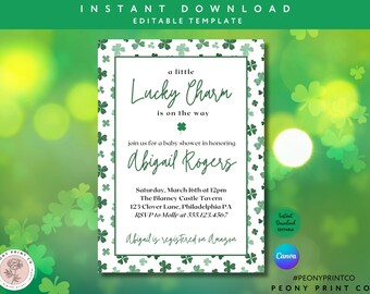 May include: A green and white baby shower invitation with a shamrock pattern. The invitation reads "a little Lucky Charm is on the way" and includes the name "Abigail Rogers".