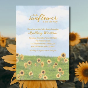 Eine kleine Sonnenblume ist unterwegs Babypartyeinladung Vorlage, Sonnenblume Thema Babyparty, Sofort Download
