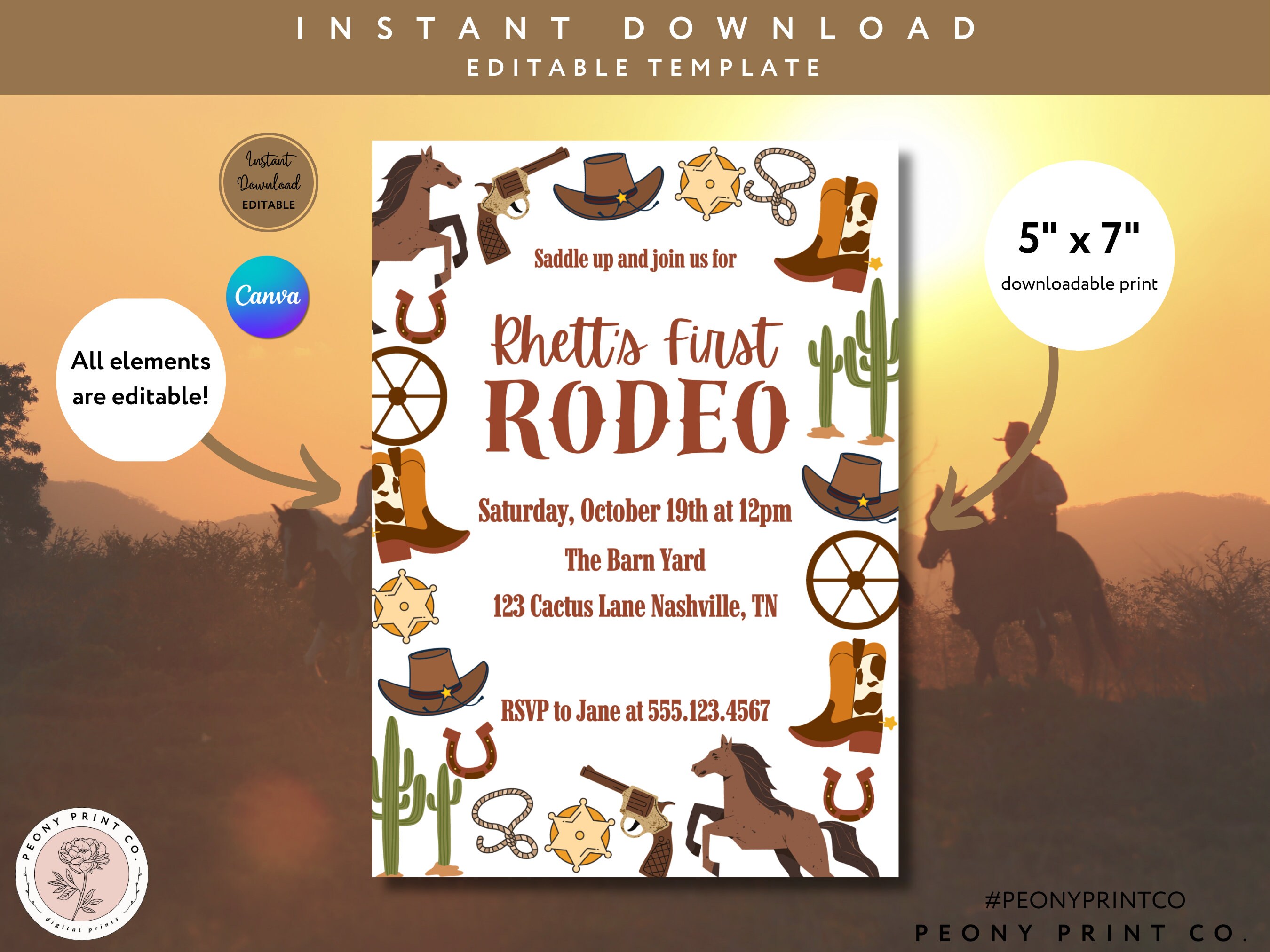 Boy First Rodeo Birthday Invitation Template, Cowboy Birthday Theme ...