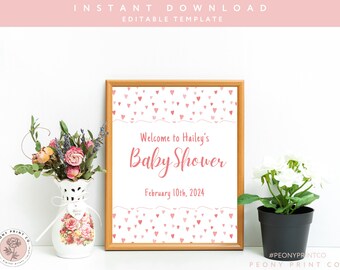 May include: A printable baby shower sign with a pink and white heart pattern. The sign says "Welcome to Hailey's Baby Shower" and "February 10th, 2024".