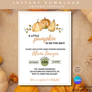 A Little Pumpkin Is On The Way Baby Shower Invitation Template, Fall Baby Shower, Pumpkin Theme Baby Shower, Instant Download