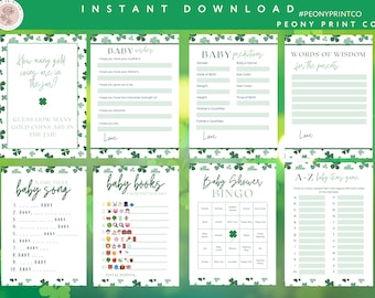 May include: Printable baby shower game cards with a green shamrock pattern. The cards include games like "Guess How Many Gold Coins Are in the Jar", "Name That Baby Song", "Baby Books Emoji Picture Quiz", "Baby Shower Bingo", "A-Z Baby Items Game", and "Baby Predictions".