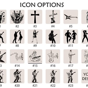 May include: A grid of black and white icon options, including a hand gesture, a cross, guitars, musical notes, and figures playing instruments. Text at the top reads "ICON OPTIONS" and "YOUR DESIGN" at the bottom.