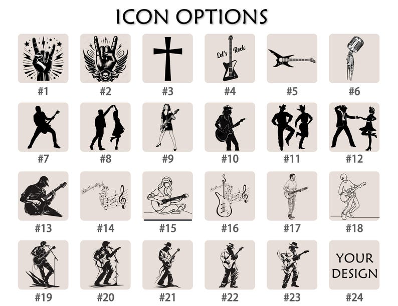 May include: A grid of black and white icon options, including a hand gesture, a cross, guitars, musical notes, and figures playing instruments. Text at the top reads "ICON OPTIONS" and "YOUR DESIGN" at the bottom.