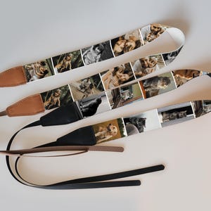 Puede incluir: Tres correas de cámara con collages de fotos. Las correas tienen extremos de cuero marrón y tela negra o marrón. Los collages de fotos presentan varias imágenes de personas y mascotas. Las correas están sobre una superficie blanca.