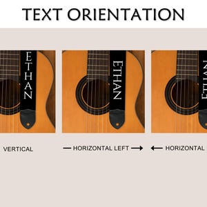 May include: Three images of acoustic guitars with black straps displaying the name "ETHAN" in white. The text orientation is vertical, horizontal left, and horizontal right. The text "TEXT ORIENTATION" is at the top.