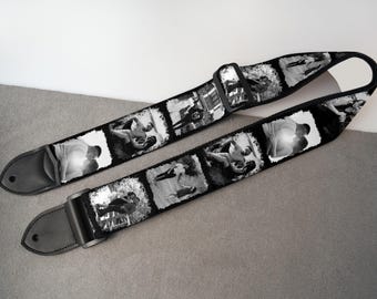 Svartvitt fotokollage gitarrrem, personligt anpassat minnesgitarrrem för akustisk, elgitarr och basgitarr