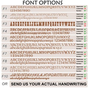 May include: A display of font options, showcasing various styles for text customization. The image presents ten different font choices, each with uppercase, lowercase, and number examples. The text "FONT OPTIONS" is at the top, with an option to send actual handwriting at the bottom.