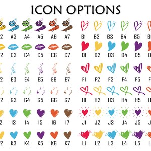 May include: A grid of colorful icon options, including lips, hearts, music notes, and devil hearts. Each icon has a unique design and color, with text at the top that reads "ICON OPTIONS".