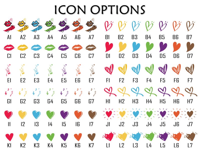 May include: A grid of colorful icon options, including lips, hearts, music notes, and devil hearts. Each icon has a unique design and color, with text at the top that reads "ICON OPTIONS".