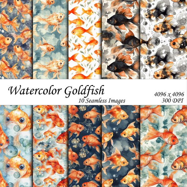 10 Seamless Watercolor Goldfish Patterns for Digital Paper, Printable, Scrapbook, Commercial Use