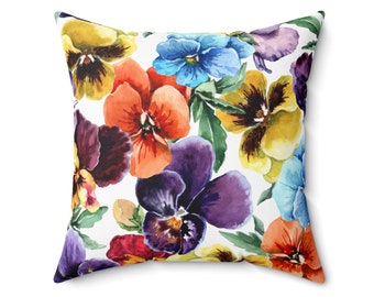 Pansy Parade Vibrant Floral Cushion, Rainbow Pansies, Blossoming Beauties Multi-Coloured flower Cushion, floral and botanical Spun Pillow