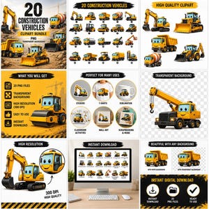 20 Construction Vehicles Clipart Bundle PNG, Cute Excavator & Dump Truck Cartoon, Kids Construction Clipart, Bulldozer PNG, Printable 300dpi