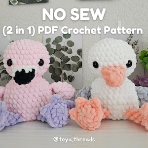 May include: Two crochet amigurumi plush toys, a pink flamingo and a white duck, with detailed features. The toys are sitting on a white surface with the text "NO SEW (2 in 1) PDF Crochet Pattern" above them. The text "@teya.threads" is below the toys.