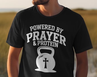 Christliches Trainings-Shirt, angetrieben durch Gebets-T-Stück, Fitness christliches Hemd, Trainings-Motivations-T-Stück, Gym Muskel-T-Stück, Protein und Glaubens-Hemd