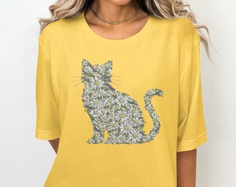 Floral Cat Silhouette T-Shirt, Cute Cat Design Tee, Women's Casual Graphic Shirt, Pink Cat Lover Tee, Gift for Cat Lovers, Summer Outfit