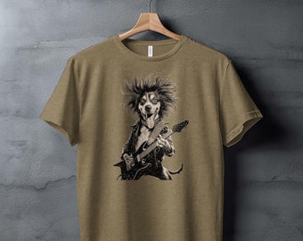 Rock Dog T-Shirt, Electric Guitar Dog Art, Funny Animal Graphic Tee, Dog Lover Gift, Unique Rock Band Shirt, Cool Music Lover Apparel