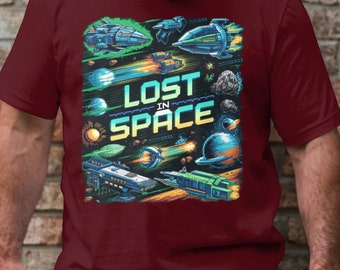 Lost In Space T-Shirt, Retro Sci-Fi Graphic Tee, Spacecraft and Planets Design, Vintage Space Adventure Shirt, Gift for Sci-Fi Fans