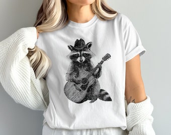 T-shirt con procione che suona la chitarra, maglietta da musicista animale carino, maglietta grafica divertente con procione, regalo unico per i fan del procione, camicia amante degli animali selvatici