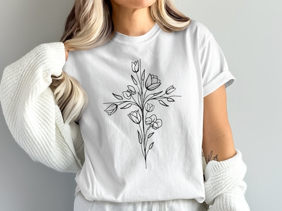 花柄クロスシャツ、キリスト教信仰Tシャツ、宗教的な花のデザイン 