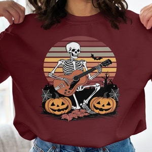 Halloween Skeleton Guitarist T-Shirt, Spooky Music Lover Tee, Skeleton Playing Guitar Shirt, Halloween Costume Top image 4