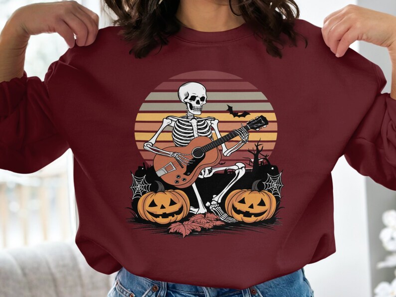 Halloween Skeleton Guitarist T-Shirt, Spooky Music Lover Tee, Skeleton Playing Guitar Shirt, Halloween Costume Top image 4