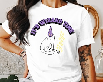 It's Wizard Time Cat T-Shirt, Cute Wizard Cat Graphic Tee, Whimsical Cat Shirt, Fun Cat Lover Gift, Magical Cat Print Top