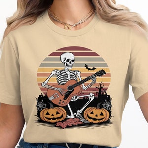 Halloween Skeleton Guitarist T-Shirt, Spooky Music Lover Tee, Skeleton Playing Guitar Shirt, Halloween Costume Top image 3