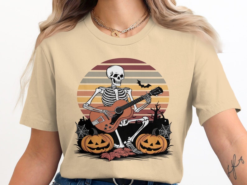 Halloween Skeleton Guitarist T-Shirt, Spooky Music Lover Tee, Skeleton Playing Guitar Shirt, Halloween Costume Top image 3