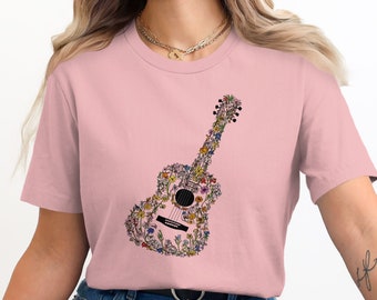 Camiseta con diseño de guitarra floral, camiseta gráfica linda para amantes de la música, camisa de guitarra artística para mujer, regalo musical único para ella
