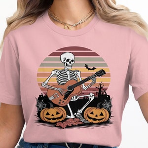Halloween Skeleton Guitarist T-Shirt, Spooky Music Lover Tee, Skeleton Playing Guitar Shirt, Halloween Costume Top image 5