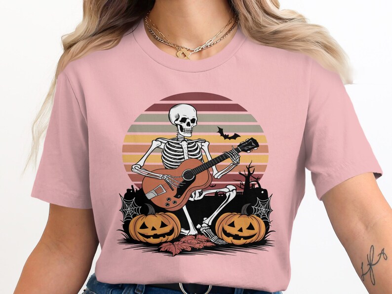 Halloween Skeleton Guitarist T-Shirt, Spooky Music Lover Tee, Skeleton Playing Guitar Shirt, Halloween Costume Top image 5