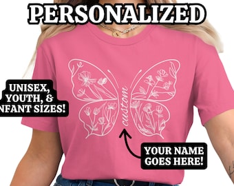 Personalized Butterfly Name T-Shirt, Customizable Kids T-Shirt, Butterfly Graphic Tee, Kids Shirt, Cute Toddler Matching Family Shirt