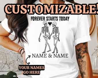 Camiseta personalizable Forever Starts Today, camiseta gráfica de pareja de esqueletos, camisa de boda de Halloween, regalo de boda gótico, camisa personalizada