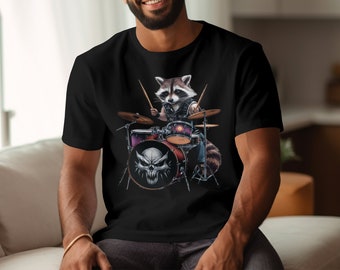 Camiseta Rocking Raccoon Drummer, camiseta gráfica Cool Animal Band, camisa divertida amante de la música, regalo único de camiseta con estampado animal