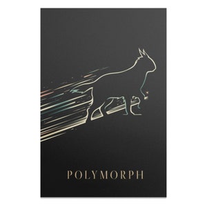 Puede incluir: Una ilustración en blanco y negro de un animal estilizado corriendo con un fondo borroso de líneas de colores. El texto "POLYMORPH" está en la parte inferior de la imagen.