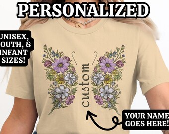 Customizable Floral Butterfly Shirt, Custom Toddler Shirt, Kids Butterfly Shirt, Personalized Flower T-Shirt, Cute Custom Tee