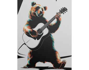ギターを弾く素朴なクマのウォールアート - ヴィンテージ音楽愛好家