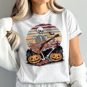 Halloween Skeleton Guitarist T-Shirt, Spooky Music Lover Tee, Skeleton Playing Guitar Shirt, Halloween Costume Top image 2