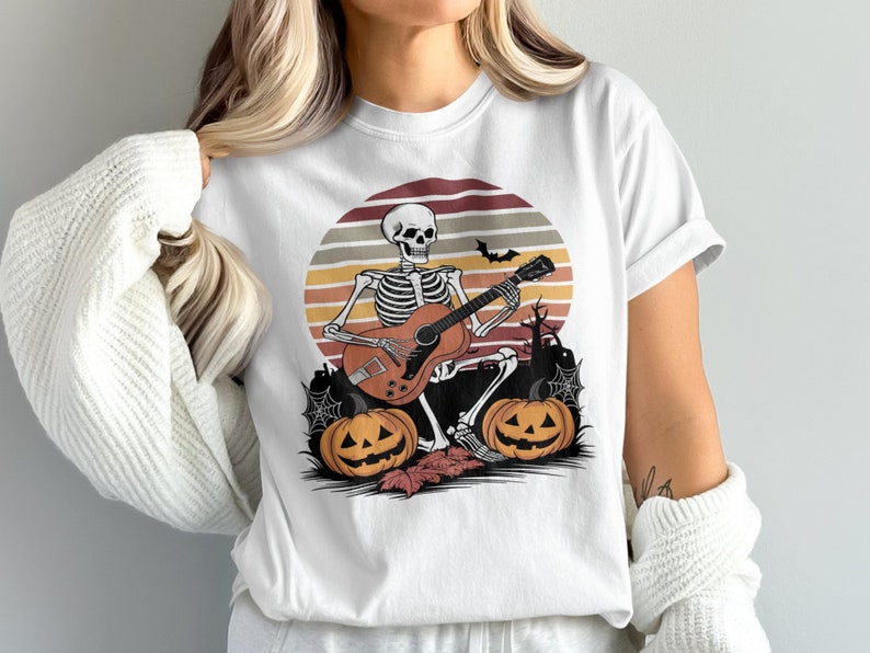 Halloween Skeleton Guitarist T-Shirt, Spooky Music Lover Tee, Skeleton Playing Guitar Shirt, Halloween Costume Top image 2