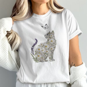 Cute Cat and Butterfly Graphic Tee, Floral Cat Design Shirt, Nature Inspired T-Shirt, Artistic Cat Lover Gift, Boho Style Animal Tee
