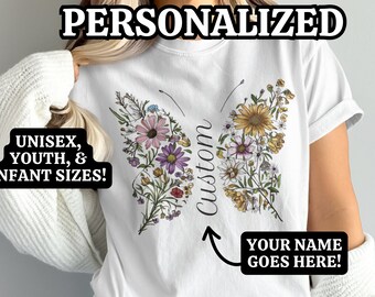Personalized Butterfly Flower T-Shirt, Cute Floral Custom Shirt, Personalized Kids Tee, Custom Gift Shirt, Family Matching Top