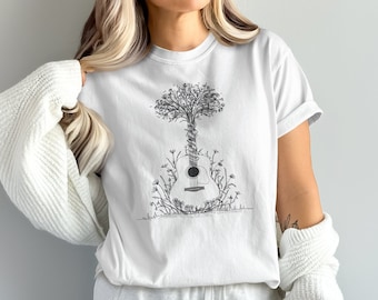 Guitar Tree T-Shirt, Unique Graphic Tee for Music Lovers, Artistic Guitar Design Shirt, Trendy Casual Wear, Nature Inspired T-Shirt